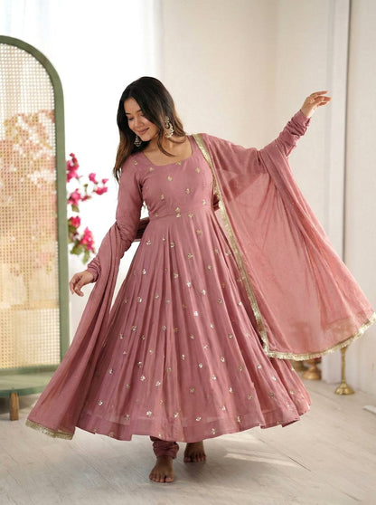 Premium Roman Silk Embroidered Anarkali Suit Set