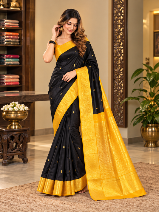 Elegant Black and Golden-Yellow Kanjivaram Style Silk Festive Saree
