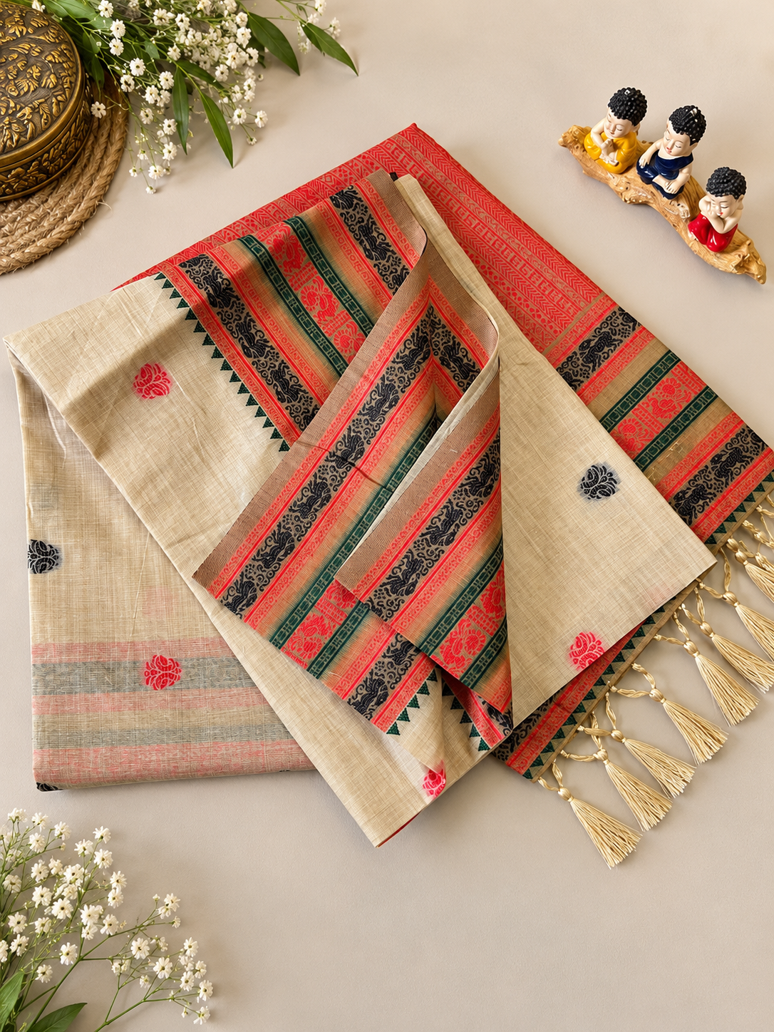 Elegant Beige Soft Muga Cotton Saree with Traditional Border and Tassels