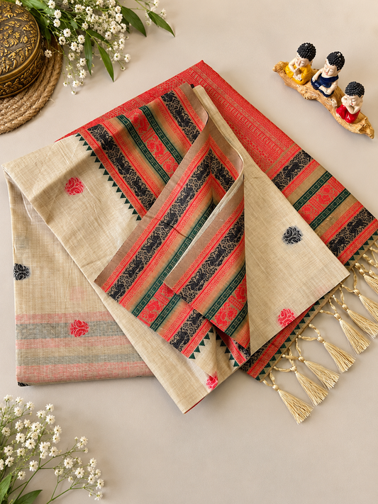 Elegant Beige Soft Muga Cotton Saree with Traditional Border and Tassels