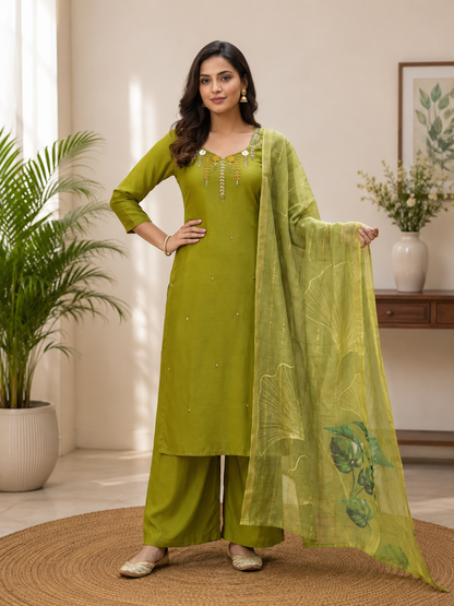 Premium Olive Green Mul Chanderi Suit Set With Beautiful Handwork