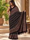 Elegant Black Ajrakh Hand-Block Printed Gajji Silk Saree with Tassels