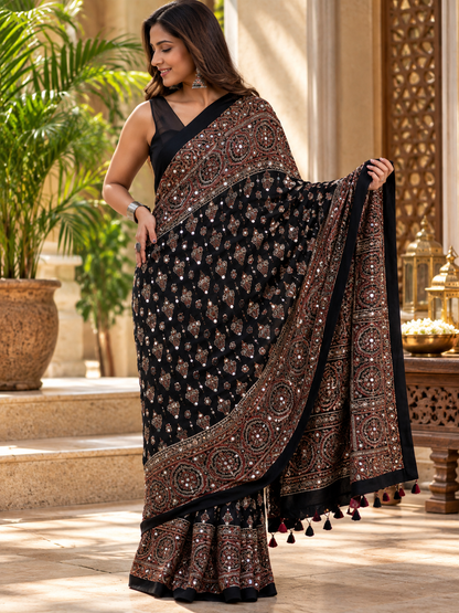 Elegant Black Ajrakh Hand-Block Printed Gajji Silk Saree with Tassels