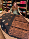 Adorning Black Soft Banarasi Silk Saree with Elegant Copper Border