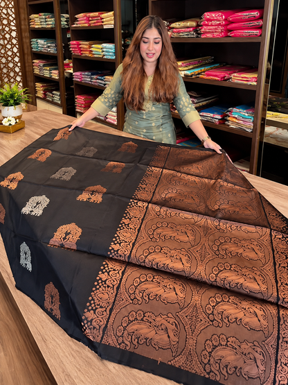 Adorning Black Soft Banarasi Silk Saree with Elegant Copper Border
