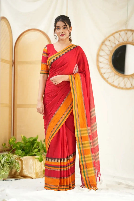 Red Handloom Narayanpet Pure Cotton Saree With Blouse
