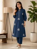 Elegant Indigo Blue Voile Cotton A-Line Kurta Set with Peacock Thread Embroidery