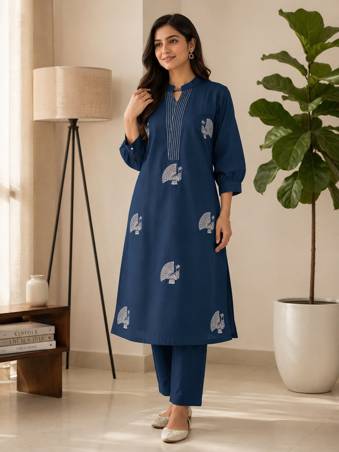 Elegant Indigo Blue Voile Cotton A-Line Kurta Set with Peacock Thread Embroidery