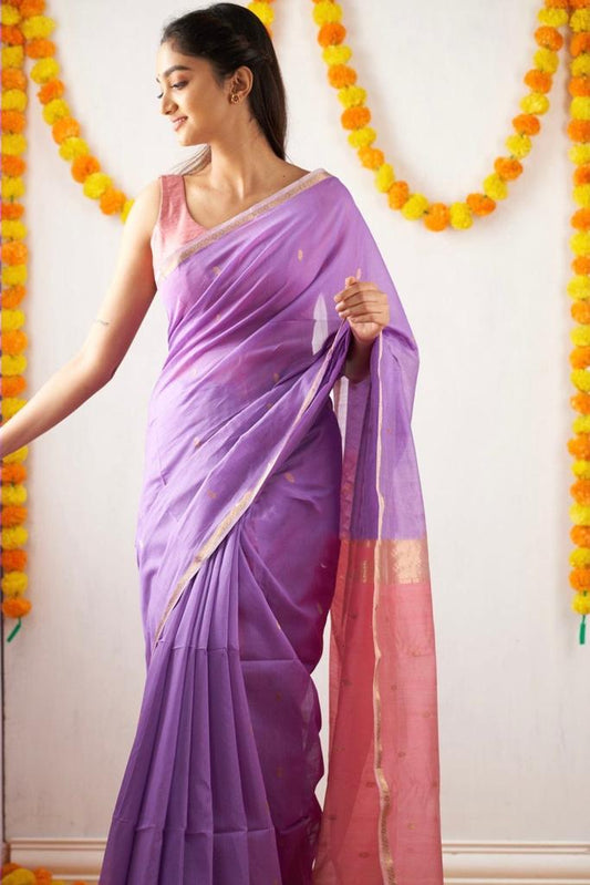 Beautiful Lavender Cotton Silk Saree With Marvellous Blouse Piece