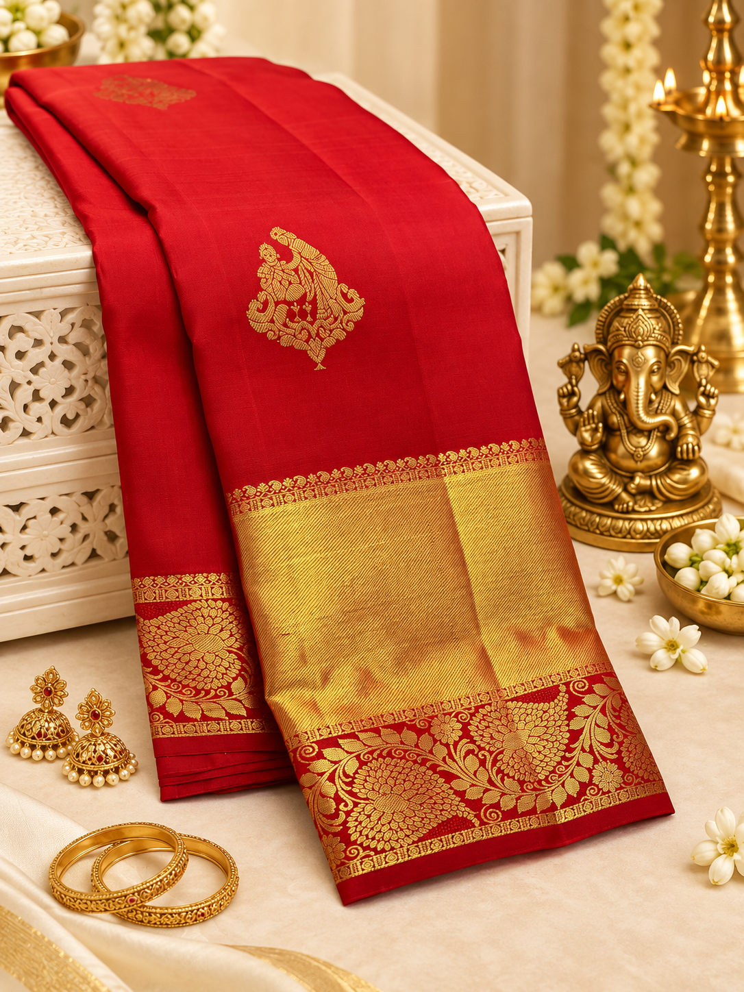 Premium Red Handwoven Pure Silk Saree with Korvai Gold Border
