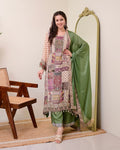 Festive Olive Green Patchwork Printed Chinon Suit Set with Fancy Mirror Work