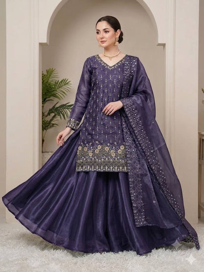 New Designer Purple Fandy Silk Embroidered Suit Set with Organza Dupatta