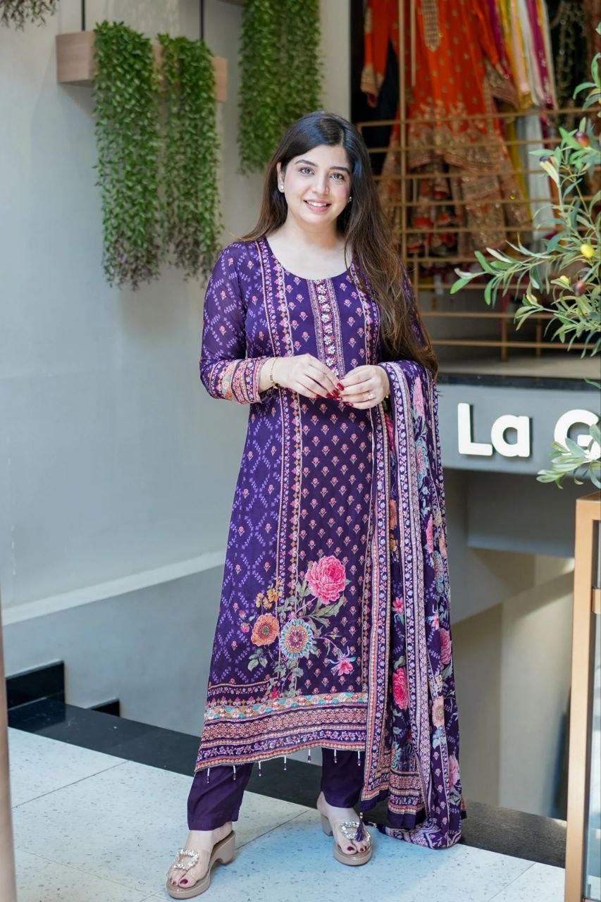 Royal Purple Chinon Silk Salwar Suit with Original Mirror Hand Work