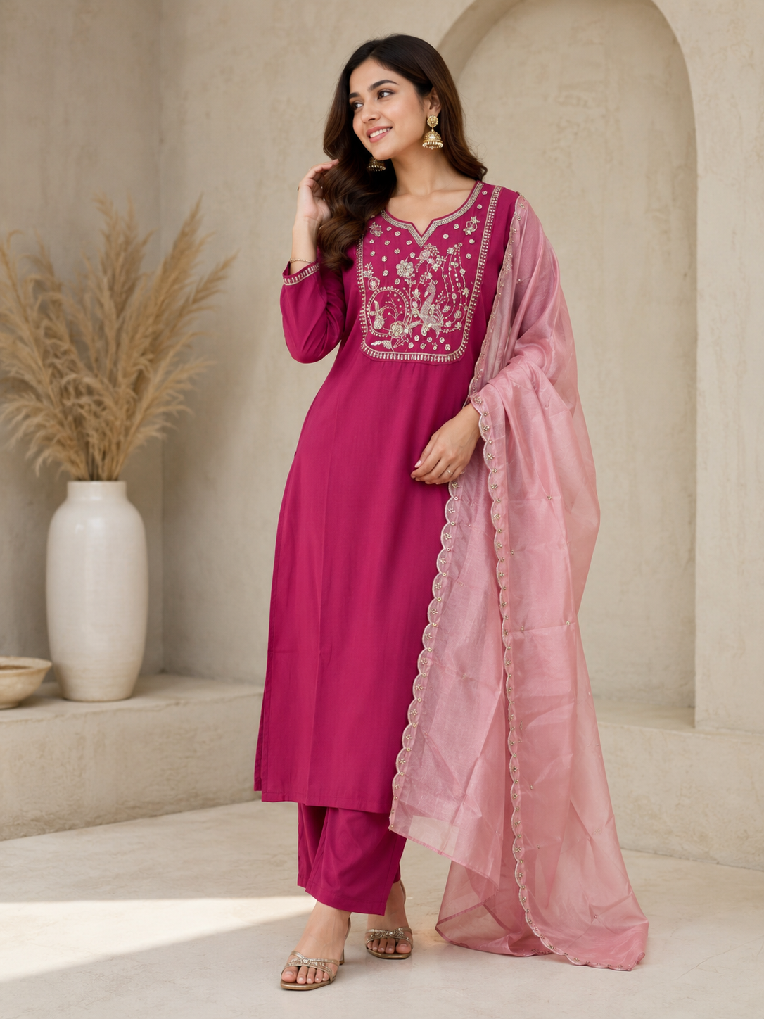 New Designer Magenta Premium Roman Silk Embroidered Suit Set