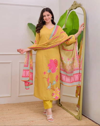 Designer Mustard Yellow Muslin Silk Suit Set with Premium Digital Floral Print