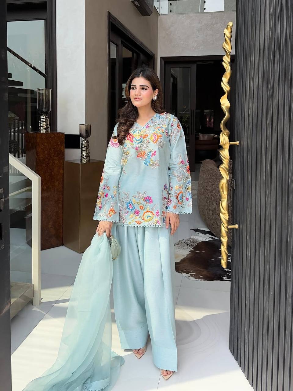 Elegant Modern Ice Blue Embroidered Crape Silk Suit Set with Organza Dupatta
