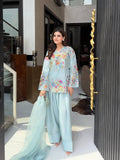 Elegant Modern Ice Blue Embroidered Crape Silk Suit Set with Organza Dupatta