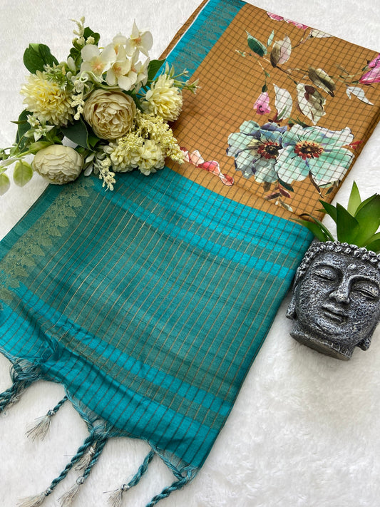 Pavitra Mustard-Teal Floral Print Soft Tussar Silk Saree