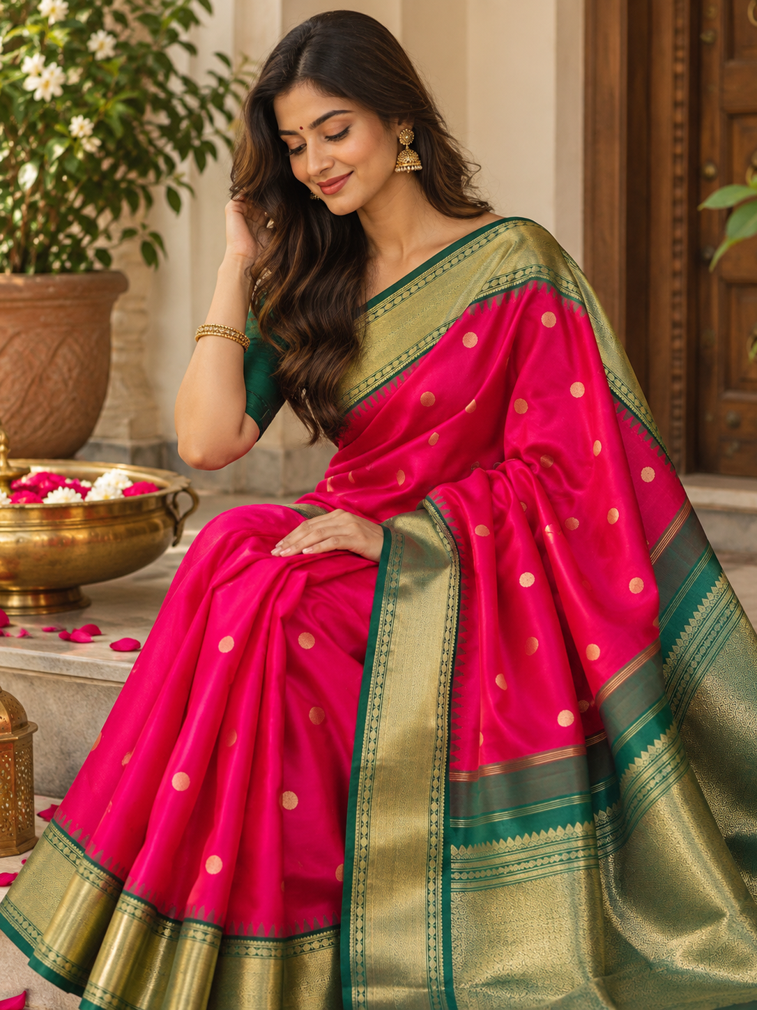 Festive Pink Kanjeevaram Silk Saree With Dark Green Border
