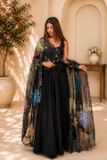 Premium Black Natural Crepe Anarkali Suit Set With Colorful Floral Dupatta