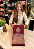 Premium Wine Soft Banarasi Silk Saree with Antique Gold Zari