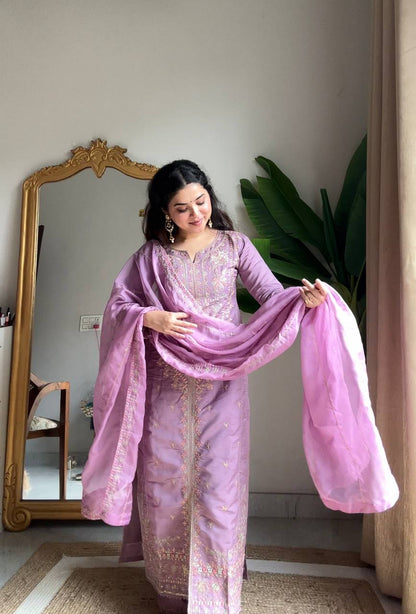 Premium Roman Silk Embroidery Suit Set With Dupatta
