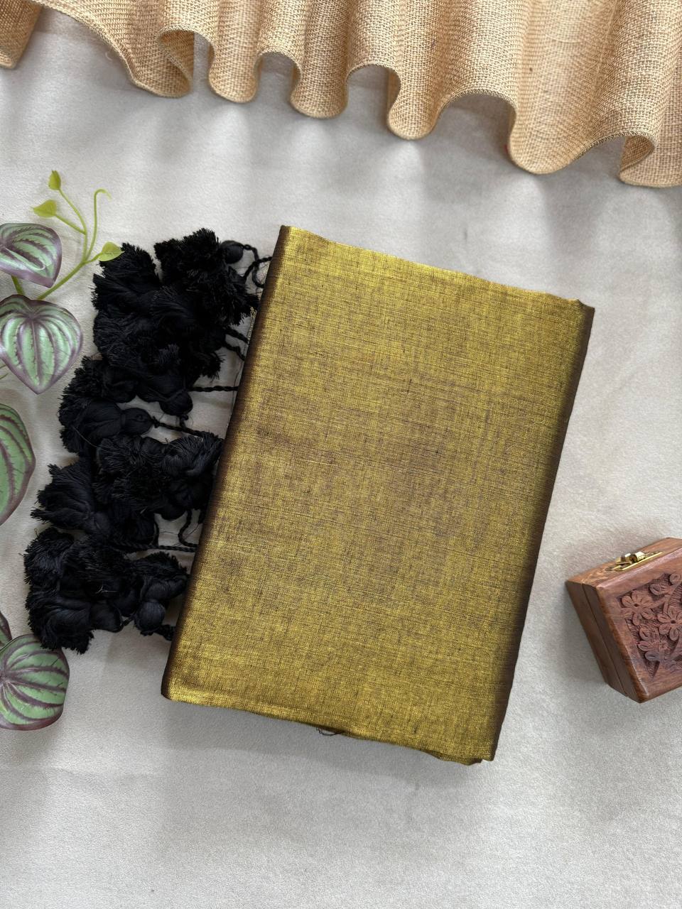Golden Dual Tone Handloom Raga Tissue Cotton Silk Saree With Black Tassels