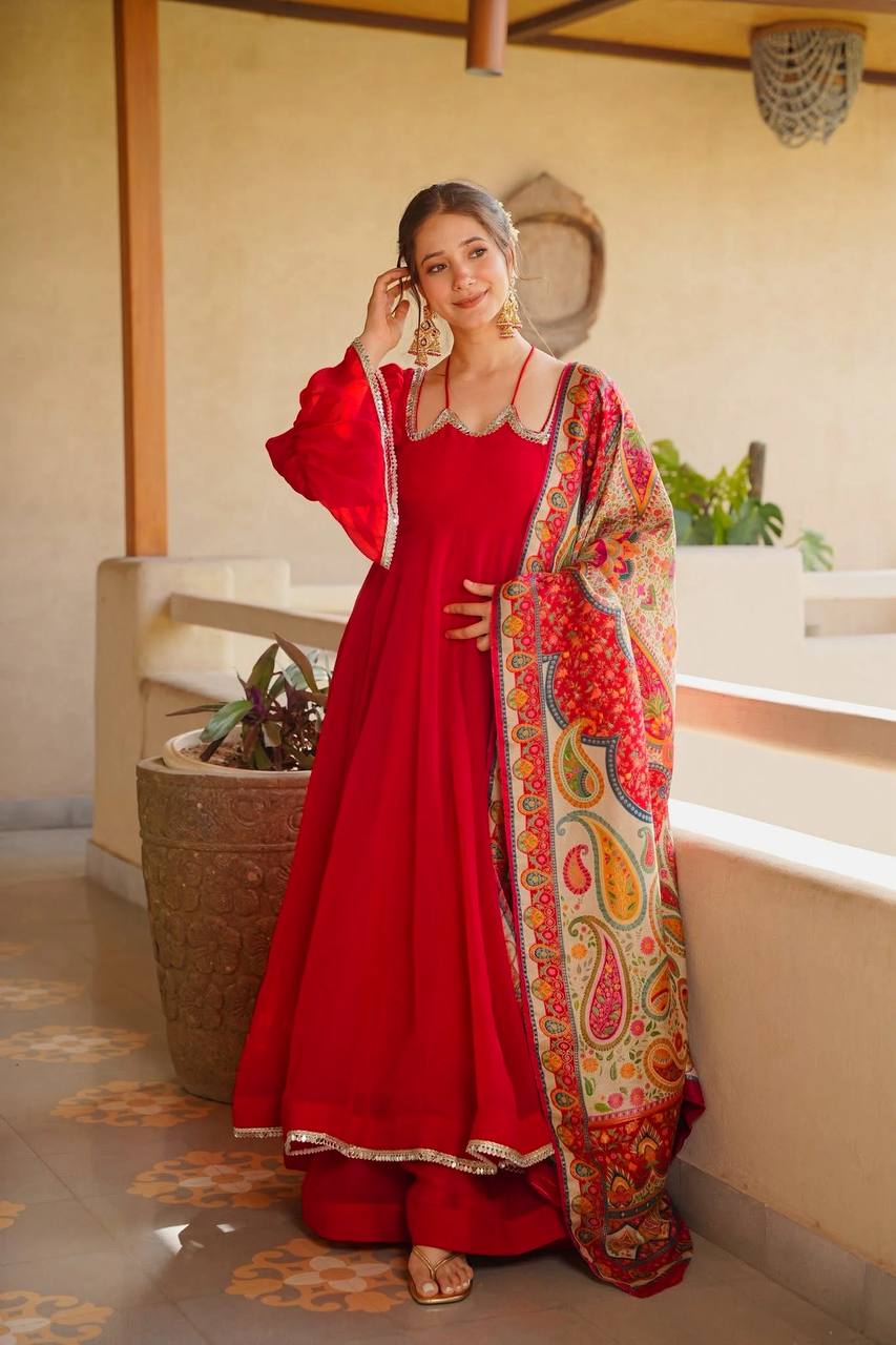 Premium Red Tabby Silk Anarkali Suit With Printed Dupatta