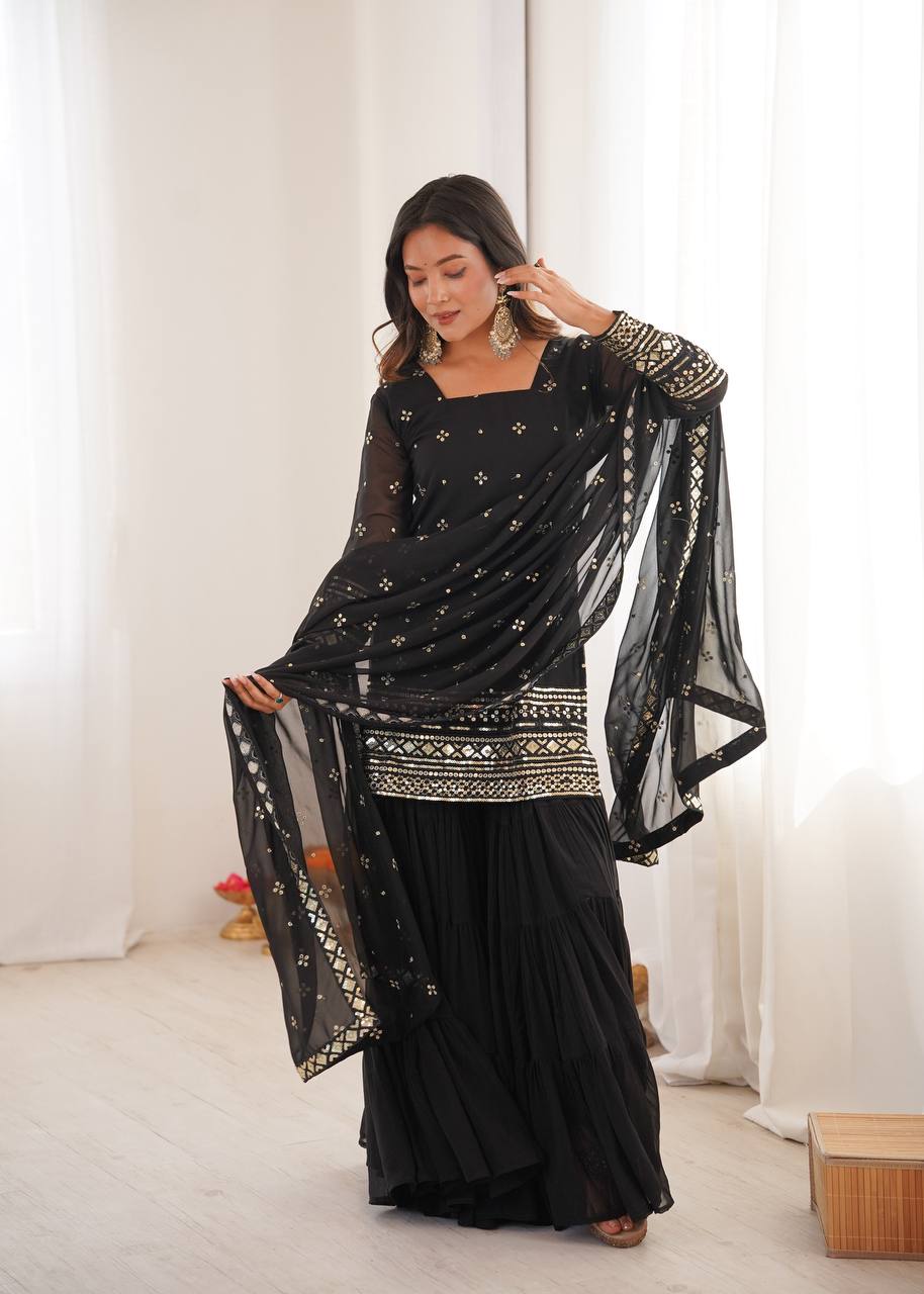Black Pure Heavy Georgette Embroidery Sharara Suit Set