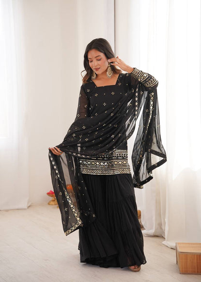Black Pure Heavy Georgette Embroidery Sharara Suit Set