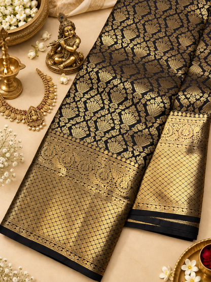 Very Attractive Black & Gold Woven Jacquard Soft Banarasi Silk Saree