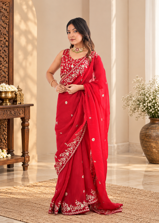 Premium Festive Red Heavy Fendy Silk Saree