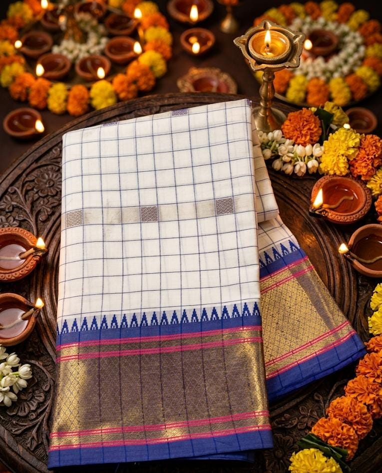 Exclusive White & Blue Chex Woven Cotton Silk Saree With Gold Zari Waving Work