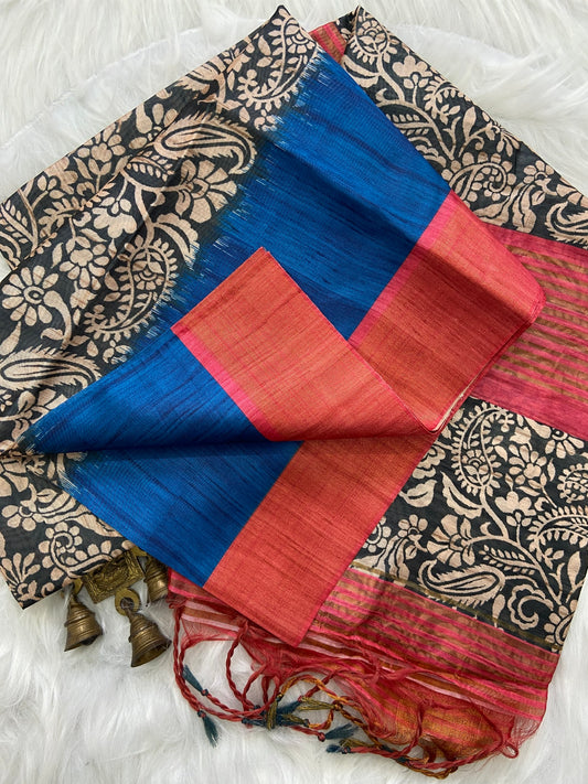 Mirza Royal Blue Kalamkari Printed Soft Tussar Silk Saree