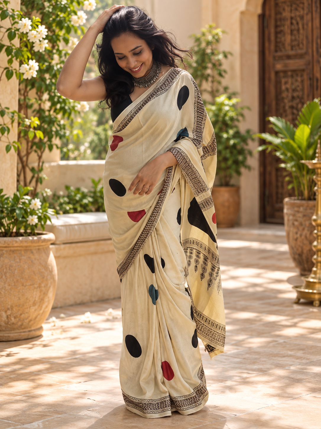 Trendy Cream Hand Block Printed Modal Silk Saree