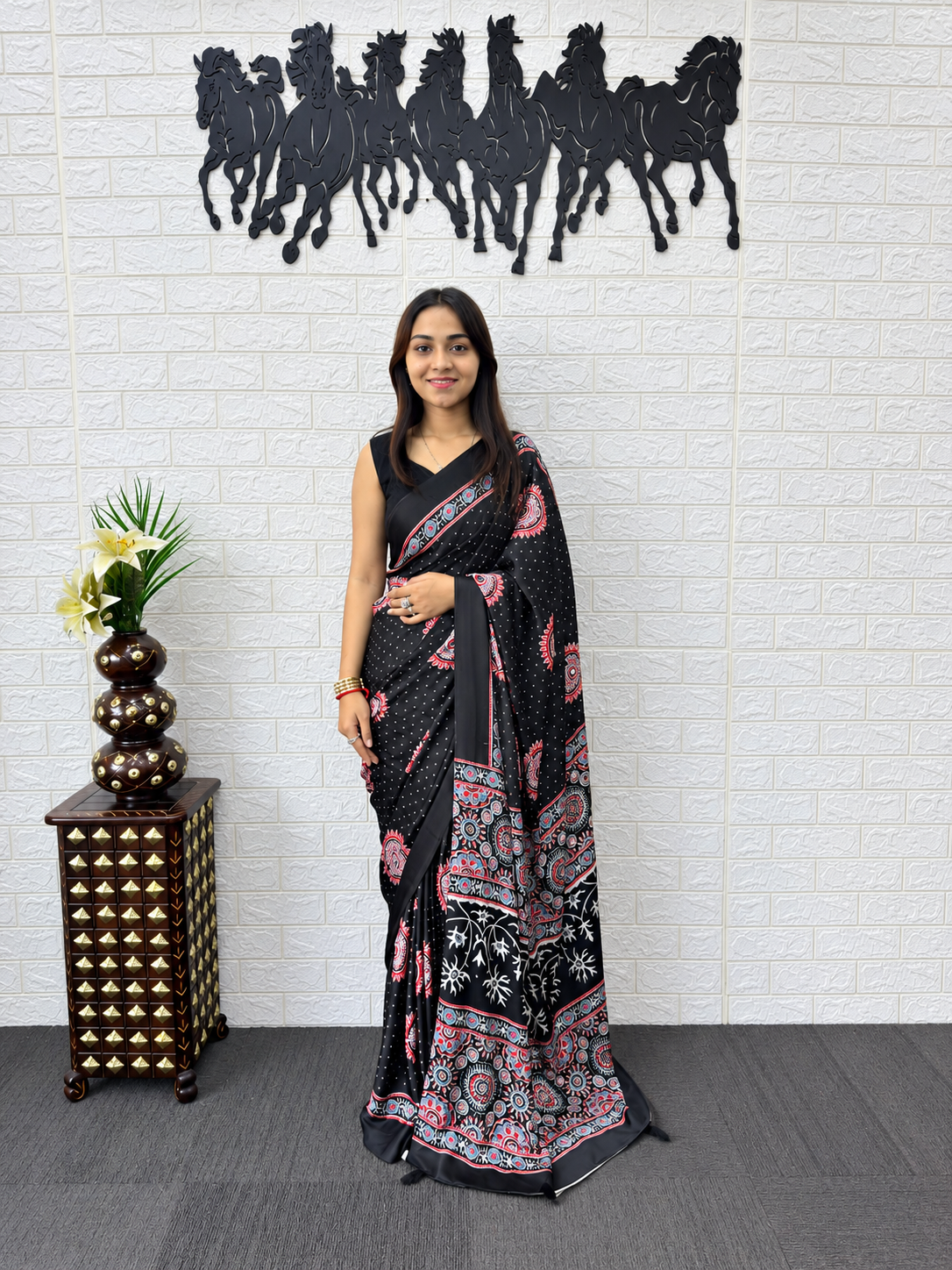 Classic Black Ajrakh Print Japan Silk Saree with Traditional Border