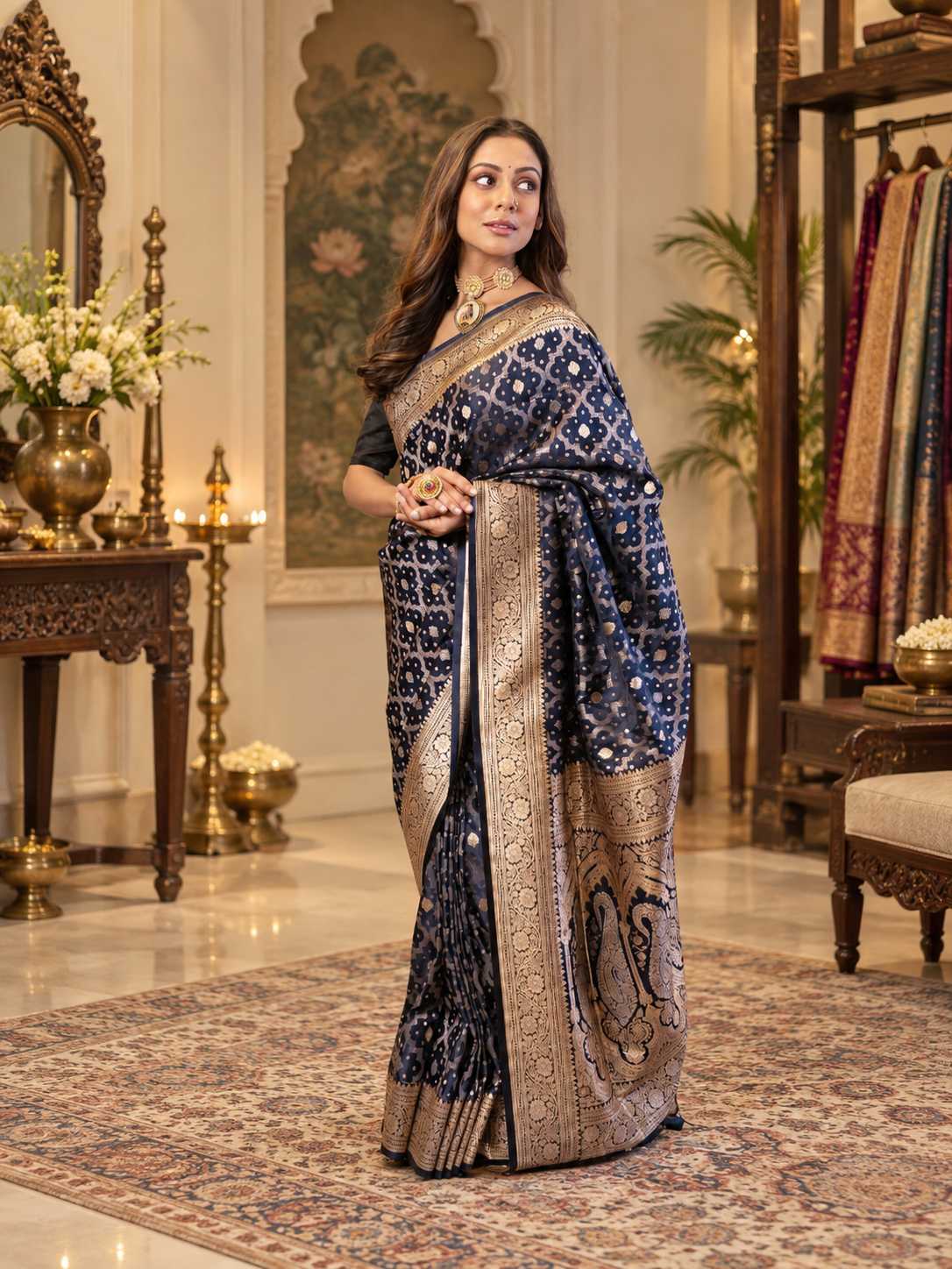 Festive Navy Blue Woven Soft Banarasi Silk Saree with Zari Border