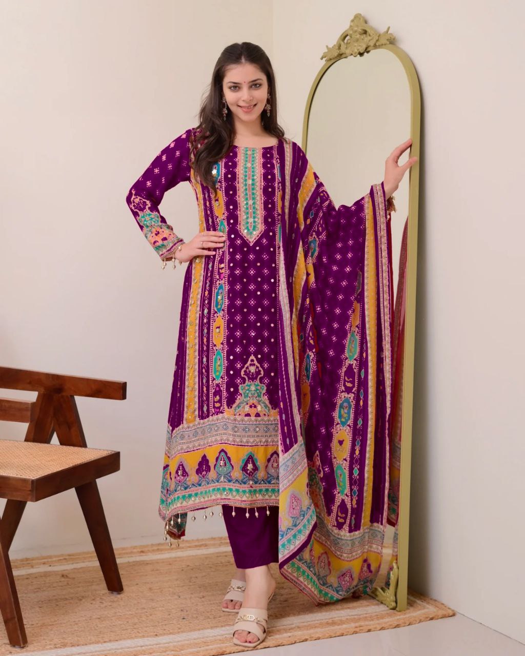 Premium Violet Printed Chinon Suit Set with Fancy Mirror Work