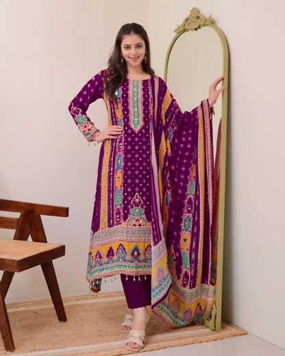 Premium Violet Printed Chinon Suit Set with Fancy Mirror Work