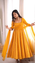 Elegant Mustard Yellow Chanderi Jacquard Anarkali Suit Set with Mirror Work