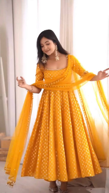 Elegant Mustard Yellow Chanderi Jacquard Anarkali Suit Set with Mirror Work