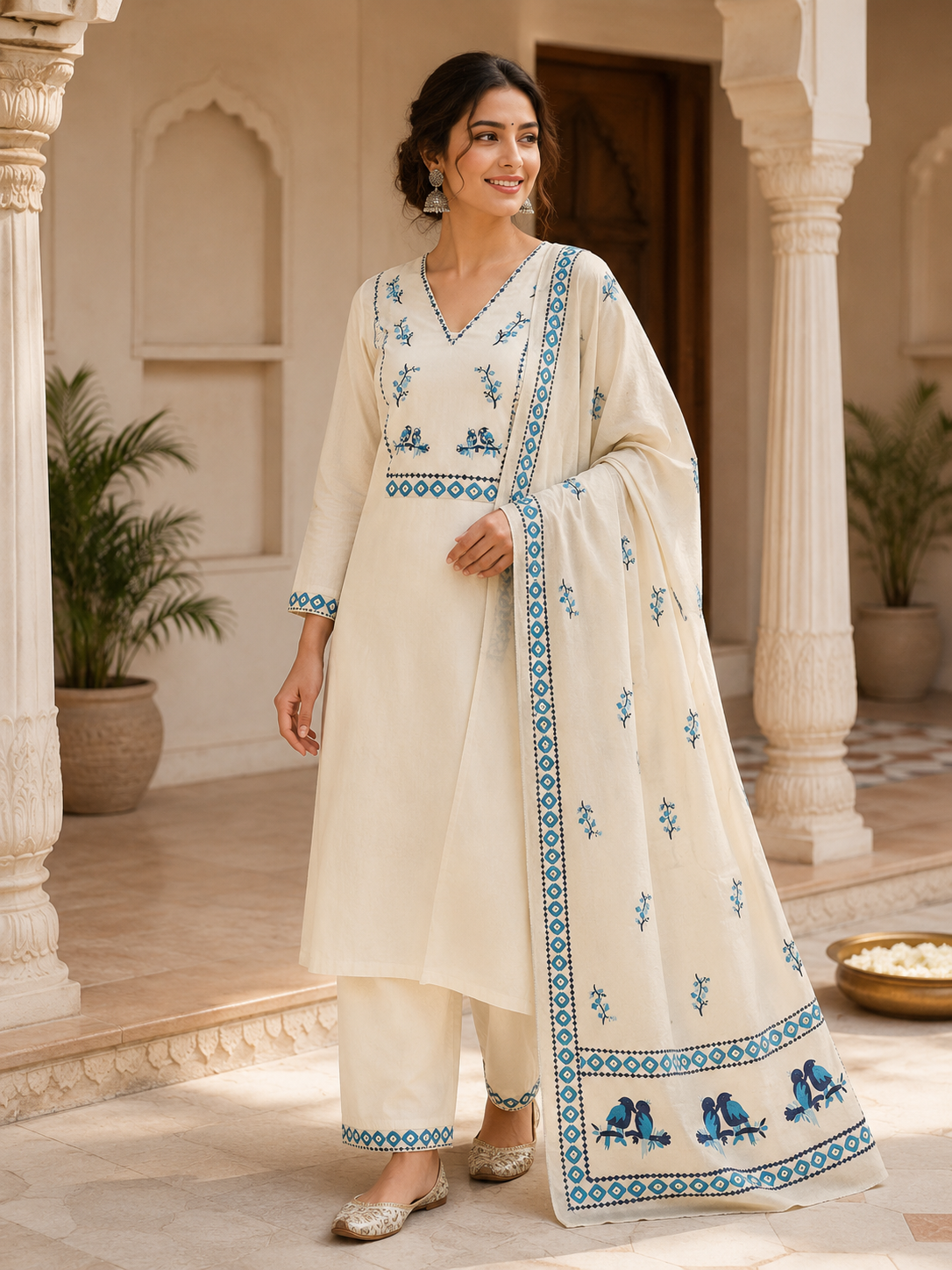 Elegant Pure Khadi Cotton Printed Salwar Suit with Sequence Handwork