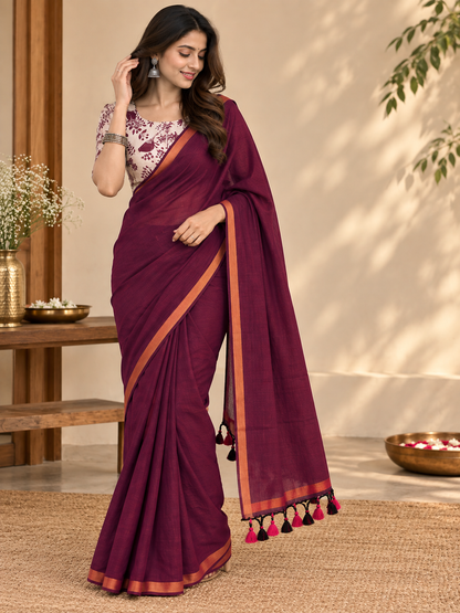 Very Beautiful Maroon Handloom Cotton Saree With Jari Border