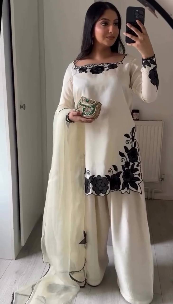 Elegant Cream Fendy Silk Embroidery Suit Set