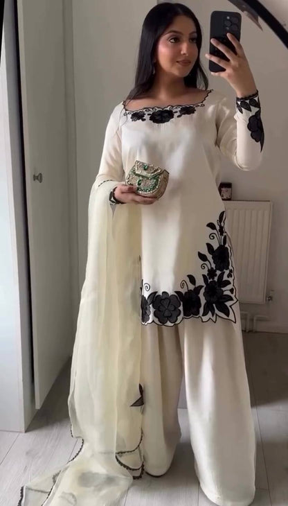 Elegant Cream Fendy Silk Embroidery Suit Set