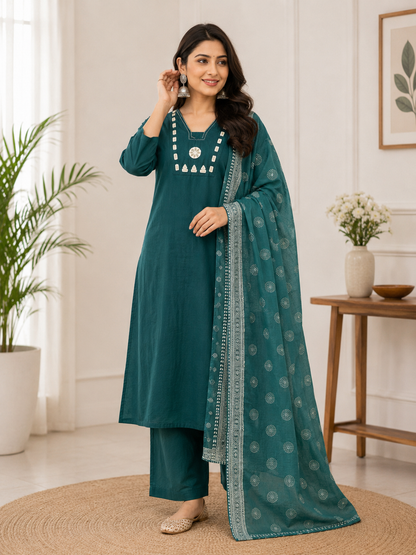 Emerald Teal Cotton Ethnic Suit Set With Real Mirror Hand Work