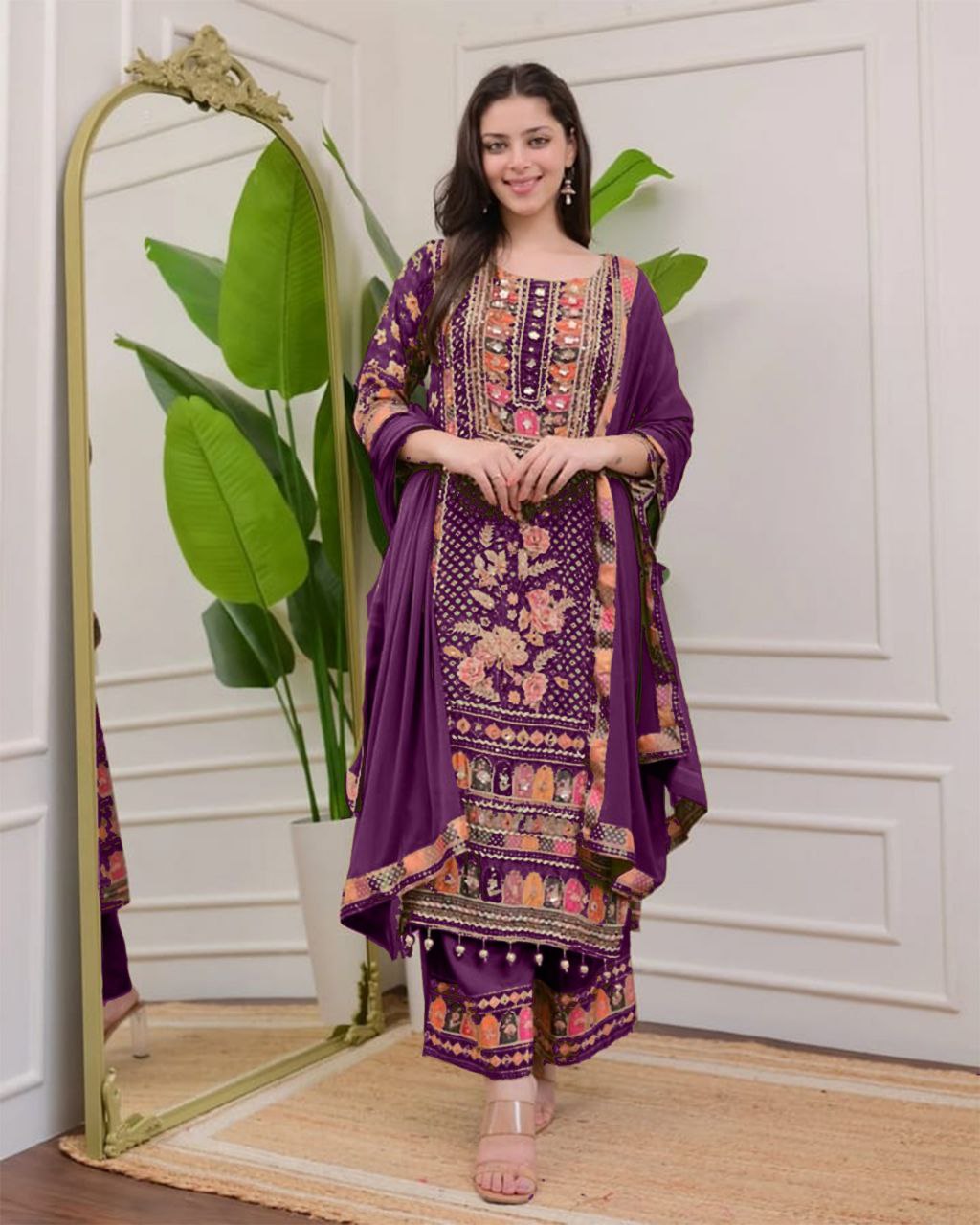 Elegant Purple Printed Model Satin Suit Set with Fancy Mirror Work