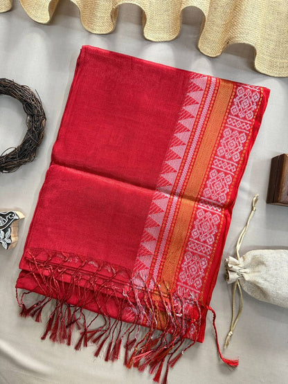 TRENDY - RED TEMPLE DESIGNE HANDLOOM TISSUE COTTON SAREE