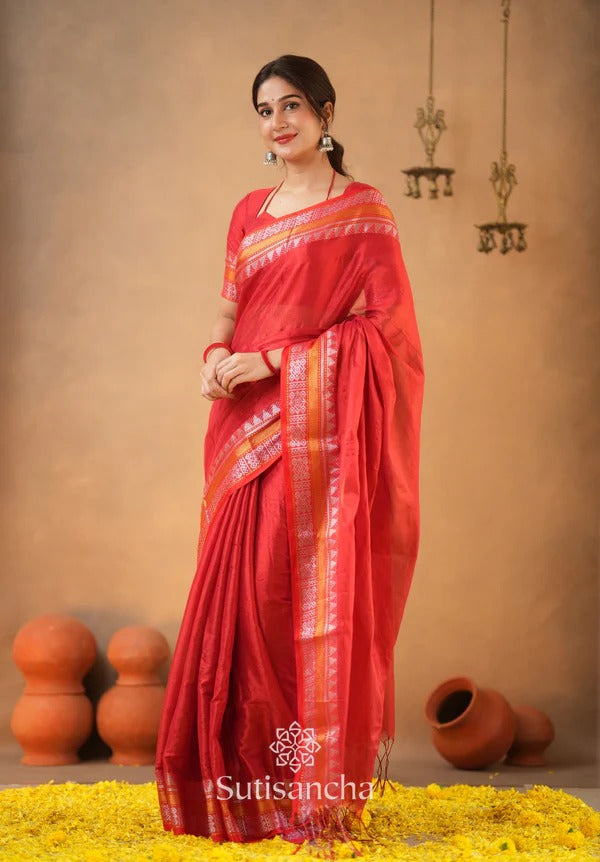 TRENDY - RED TEMPLE DESIGNE HANDLOOM TISSUE COTTON SAREE