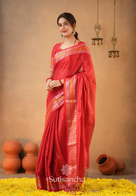 TRENDY - RED TEMPLE DESIGNE HANDLOOM TISSUE COTTON SAREE